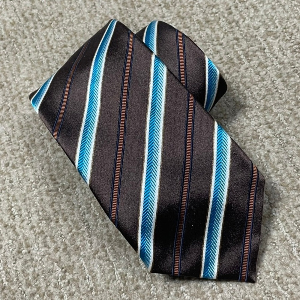 Ermenegildo Zegna Tie 4" Brown Turquoise Silk Cotton Repp Striped Italy Luxury